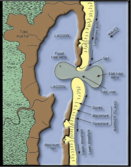 Diagram showing the environments of a barrier island system 